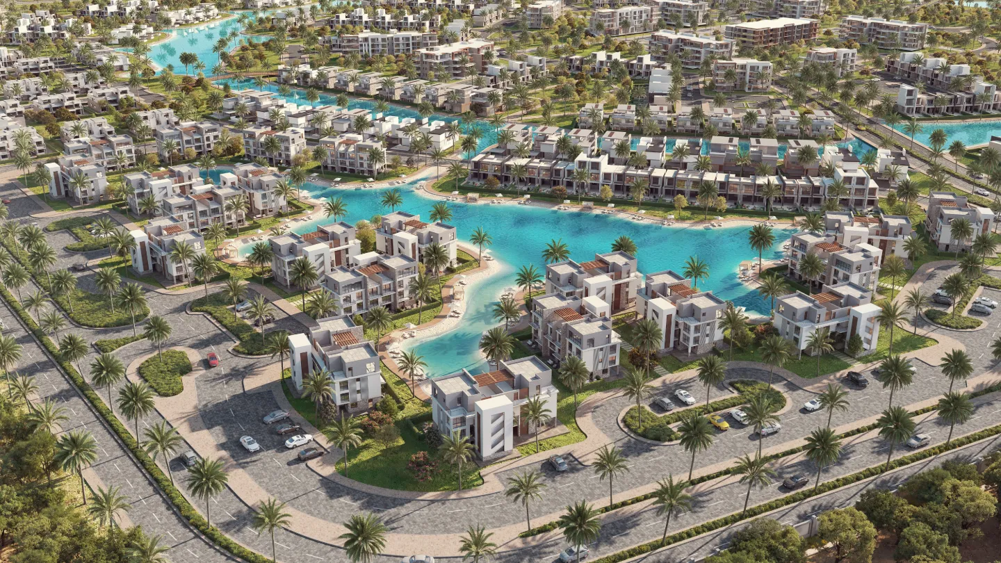 Aerial view of an ORA community at dusk.